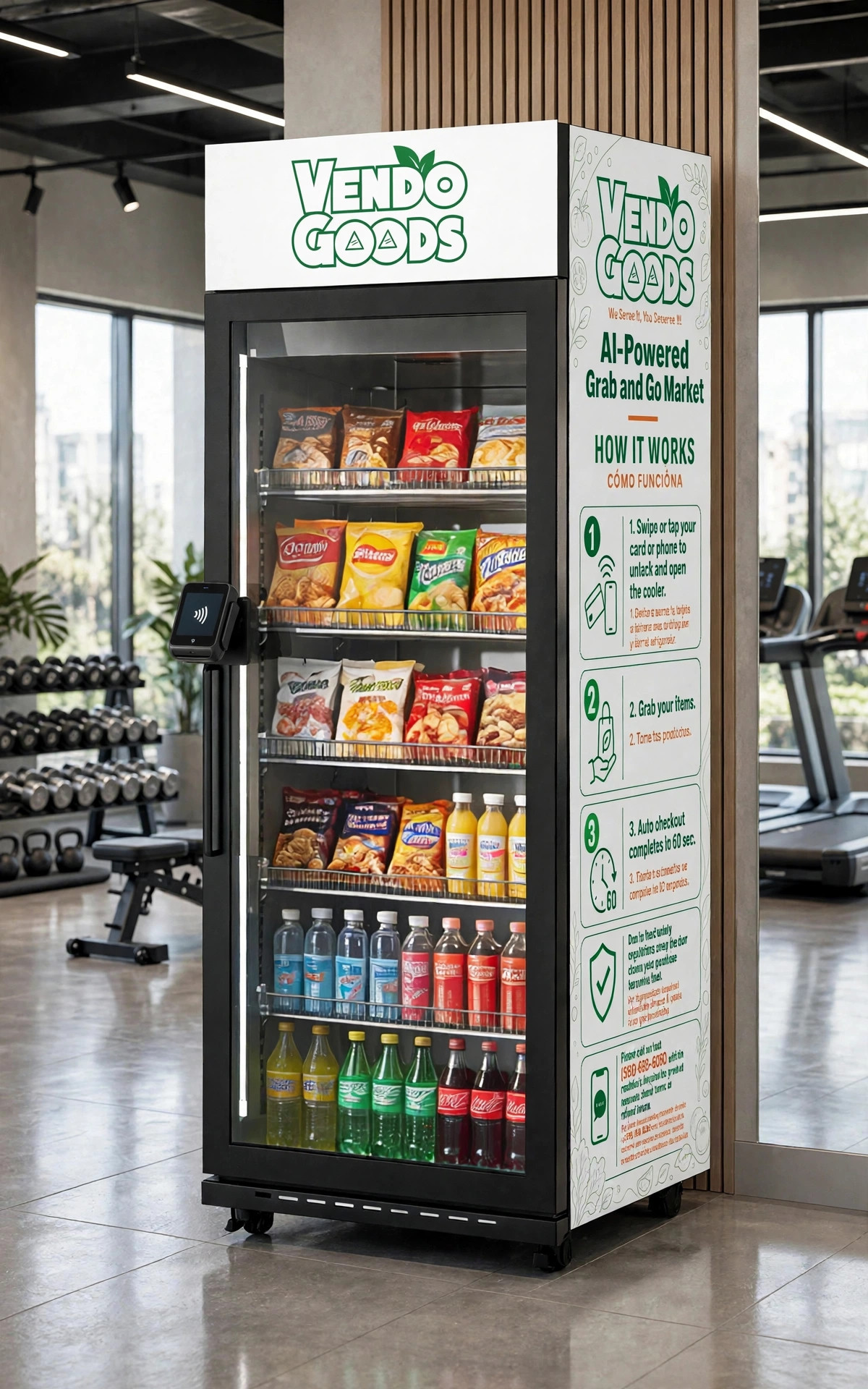 Full VendoGoods smart cooler in a luxury gym