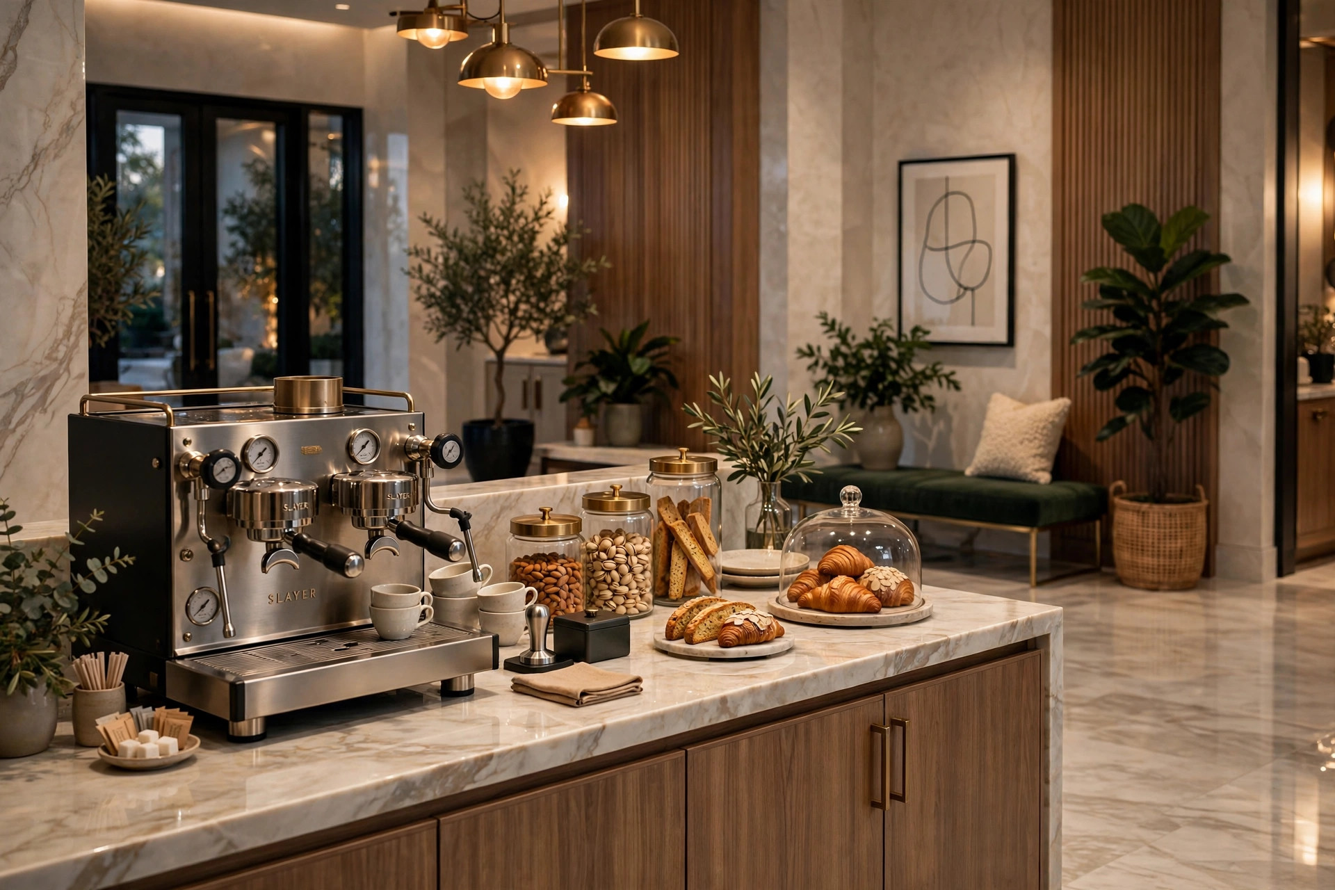 High-end residential lobby coffee station with snacks