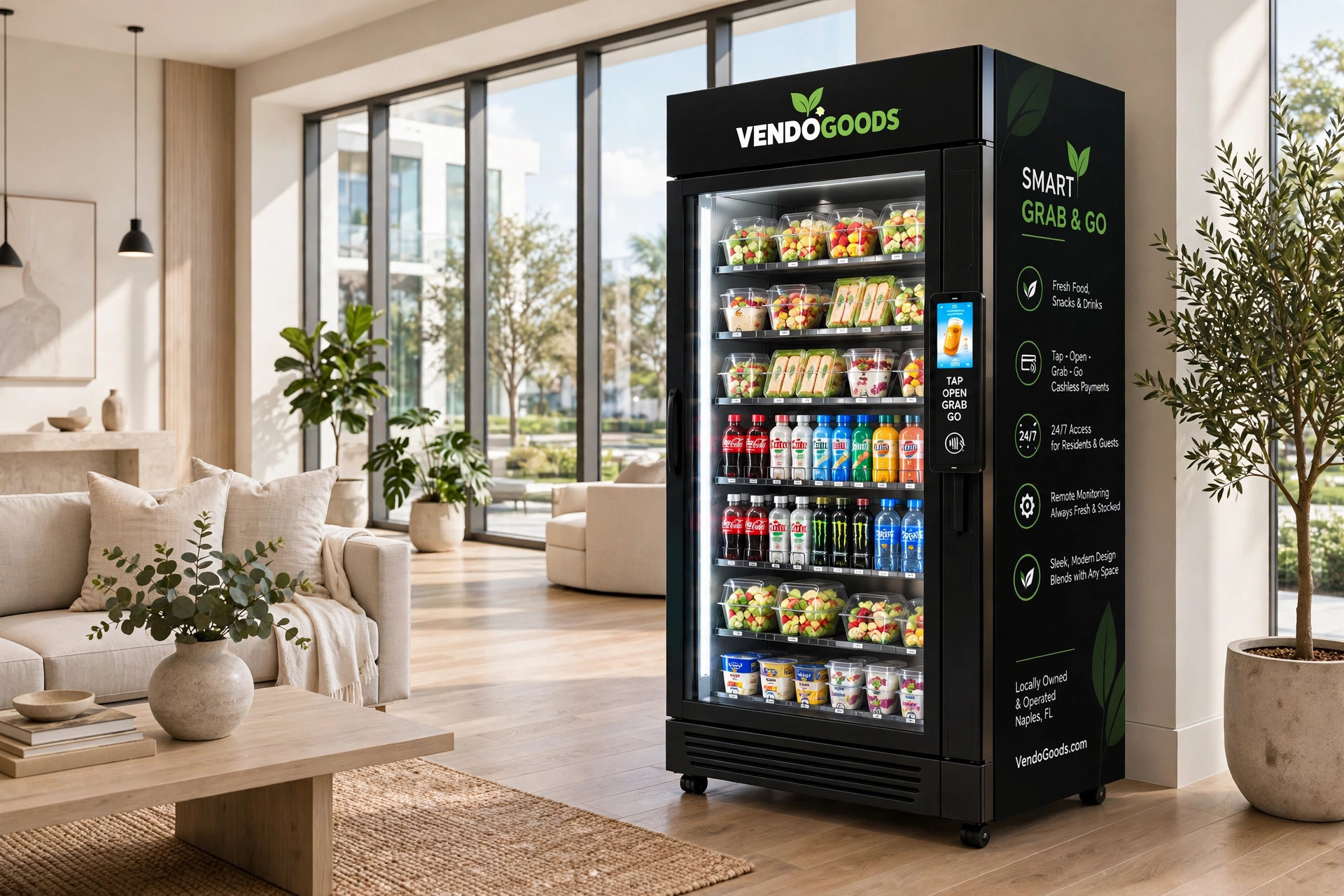VendoGoods smart cooler in a bright modern lobby